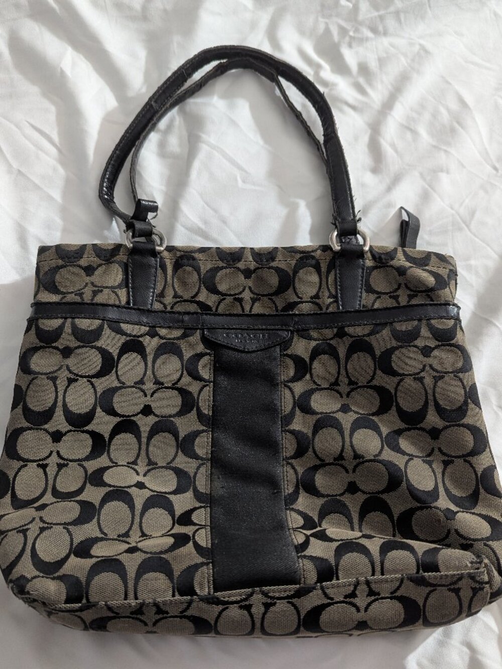 Coach F28504 Brown Tan Signature Stripe Shoulder Tote Bag Purse